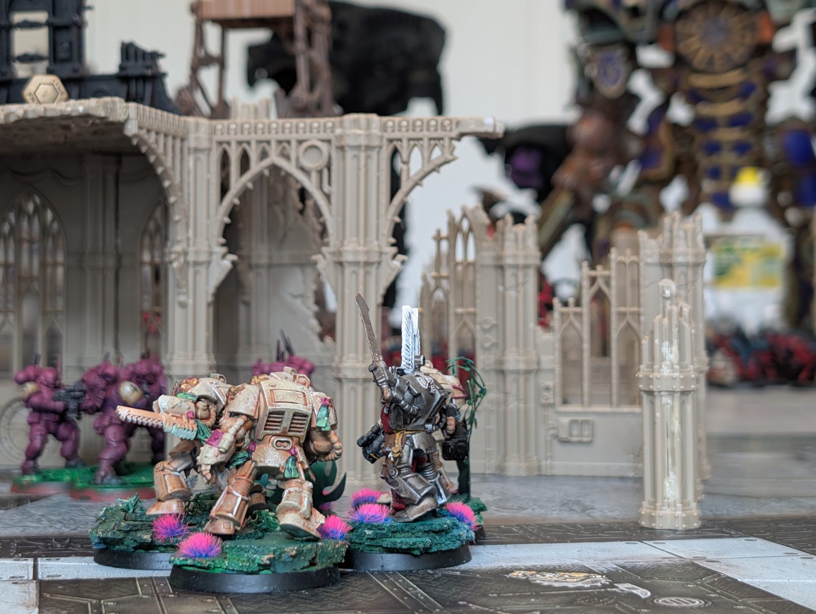 A casual narrative Warhammer 40k game set up on a table at a Birmingham club night